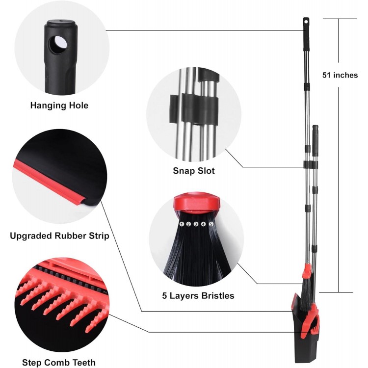 Large Upright Brooms and Dust Pans, ZeroGap Lip, Self-Cleaning Dustpan Teeth for Lobby Kitchen Office Restaurant - Black and Red