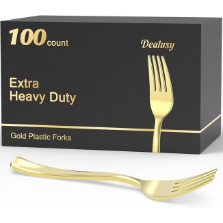 100 Count Heavy Duty Gold Plastic Forks Disposable, BPA-Free, Heat Resistant