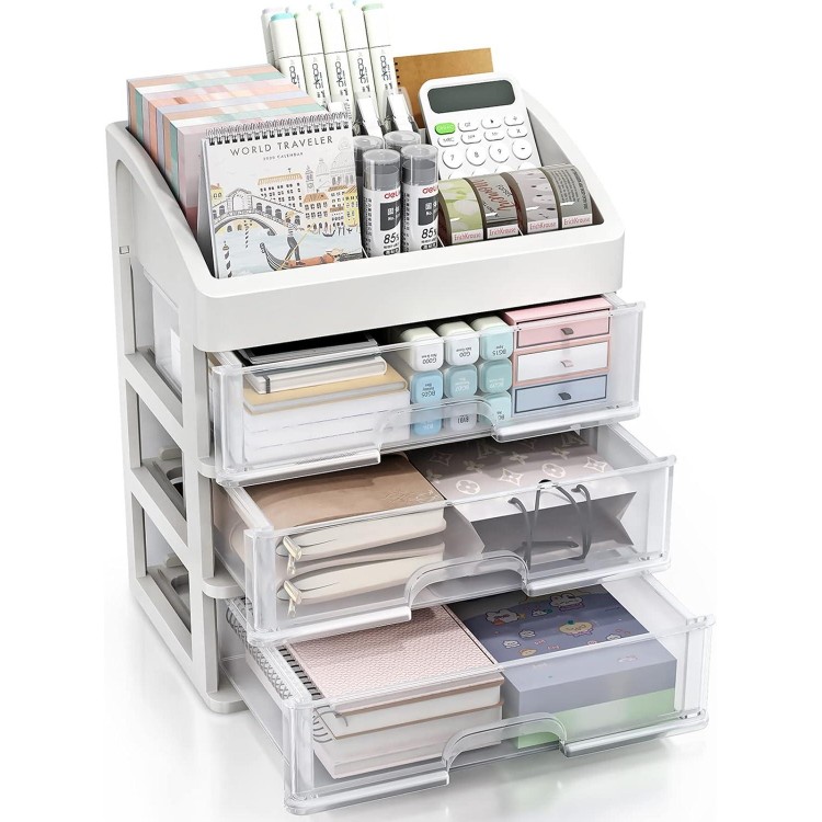 Desk Organizer with Drawers, 3 Drawer Desktop Plastic Storage, Clear Desktop Storage Drawers