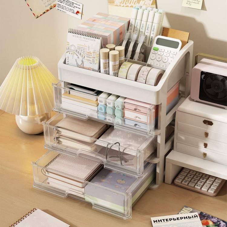 Desk Organizer with Drawers, 3 Drawer Desktop Plastic Storage, Clear Desktop Storage Drawers