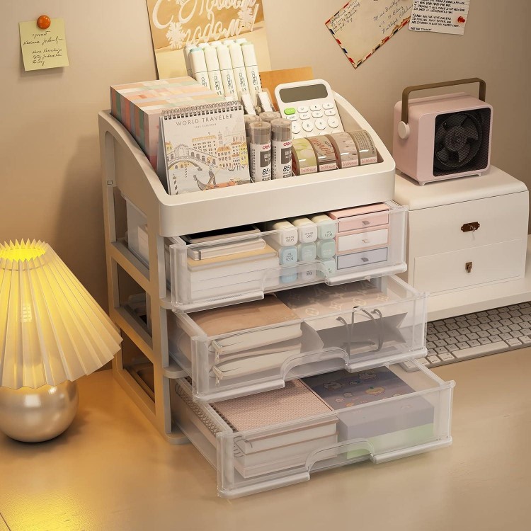 Desk Organizer with Drawers, 3 Drawer Desktop Plastic Storage, Clear Desktop Storage Drawers