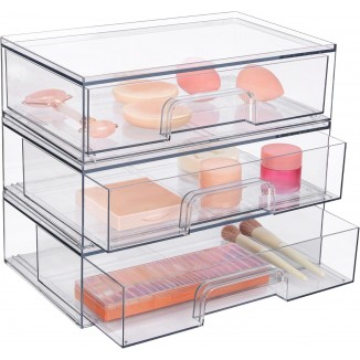 Vtopmart 12''W Clear Stackable Storage Drawers,3 Pack Acrylic Plastic Organizers Bins for Makeup Palettes