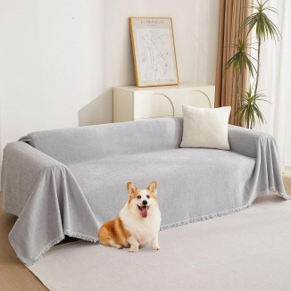 Light Gery Chenille Sofa Cover for Dogs Cats Tassel Edge Couch Cover