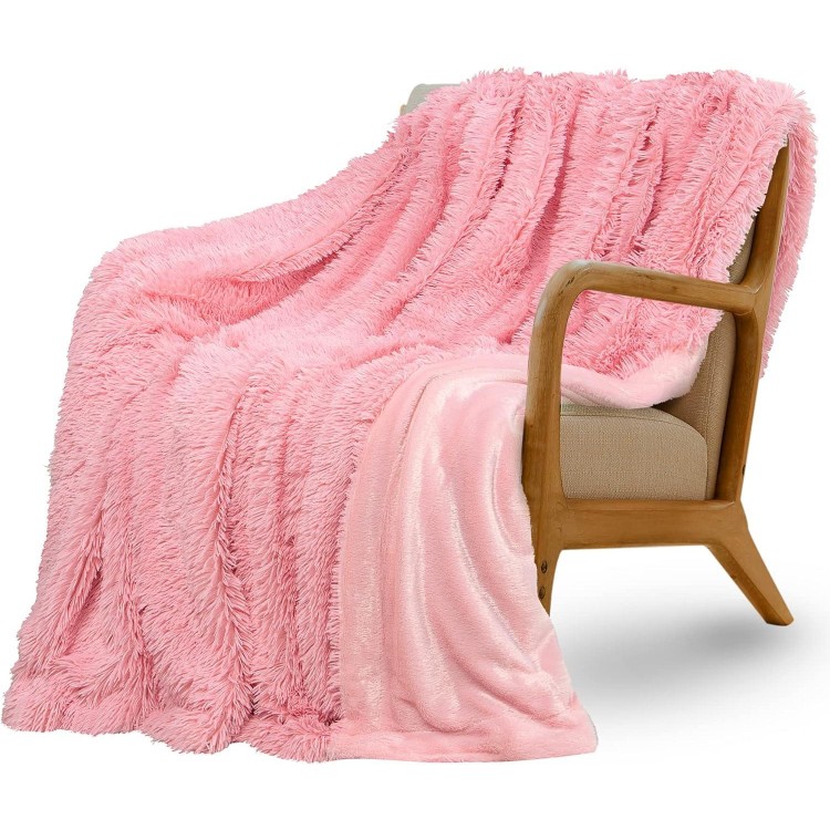 Reversible Soft Fluffy Faux Fur Blanket, Decorative Solid Plush