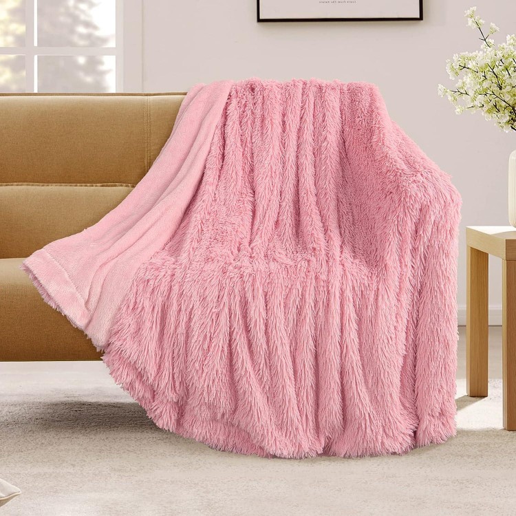 Reversible Soft Fluffy Faux Fur Blanket, Decorative Solid Plush