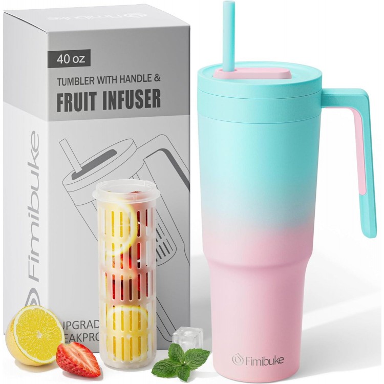 Fimibuke 40 oz Tumbler with Handle & Fruit Infuser, Stainless Steel Vacuum Insulated Cup with Lid & Straw
