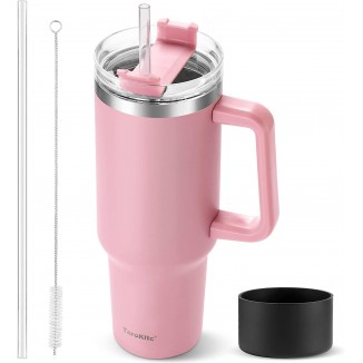 40 oz Tumbler with Handle and Straw, Pink Insulated Travel Mug Iced Coffee Cup