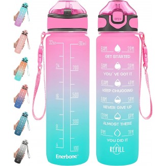 Enerbone 32 oz Drinking Water Bottle with Times to Drink and Straw, Motivational with Carrying Strap