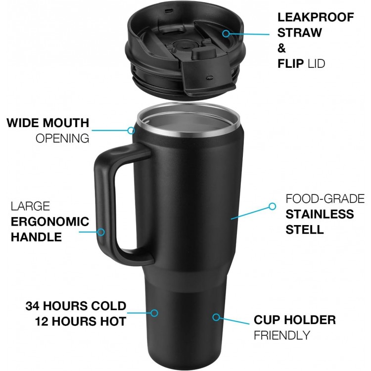 40 oz Tumbler with Handle, Insulated Tumblers with Lid and Straw