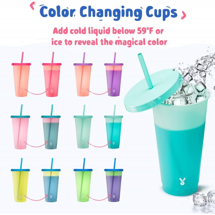 Color Changing Reusable Cups with Lids and Straws for Adults Kid Women Party