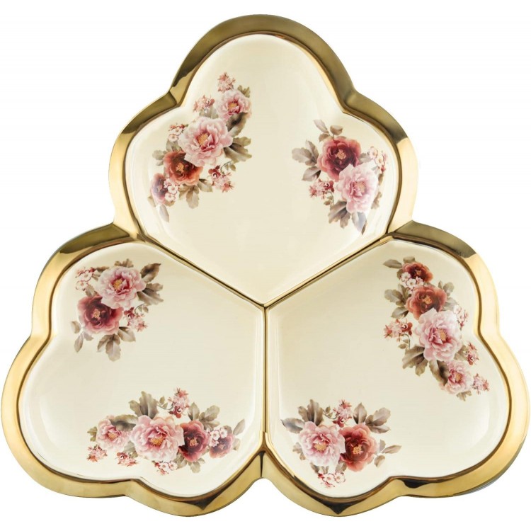  Gold Porcelain Appetizer Serving Tray, Floral Ceramic Divided Serving Plate for Fruit