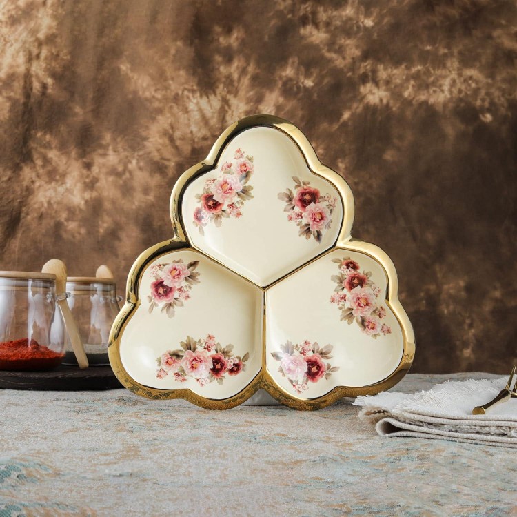  Gold Porcelain Appetizer Serving Tray, Floral Ceramic Divided Serving Plate for Fruit