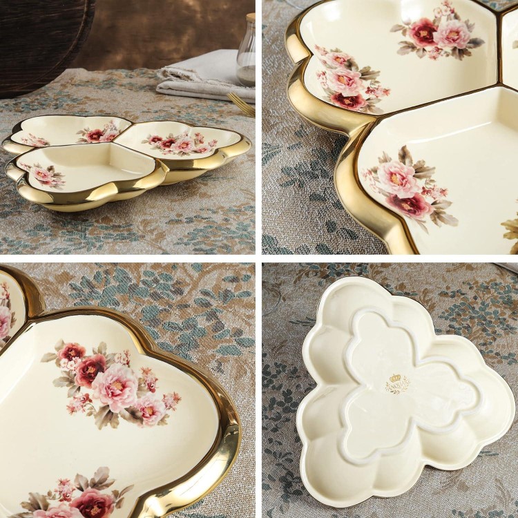  Gold Porcelain Appetizer Serving Tray, Floral Ceramic Divided Serving Plate for Fruit