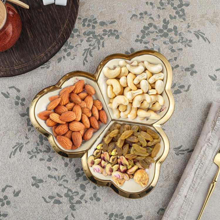  Gold Porcelain Appetizer Serving Tray, Floral Ceramic Divided Serving Plate for Fruit