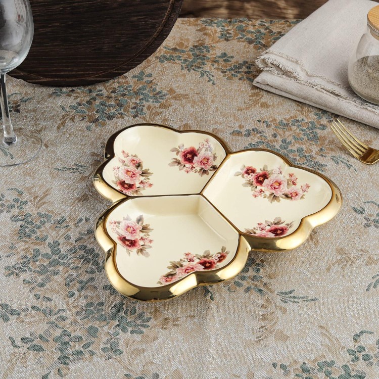  Gold Porcelain Appetizer Serving Tray, Floral Ceramic Divided Serving Plate for Fruit