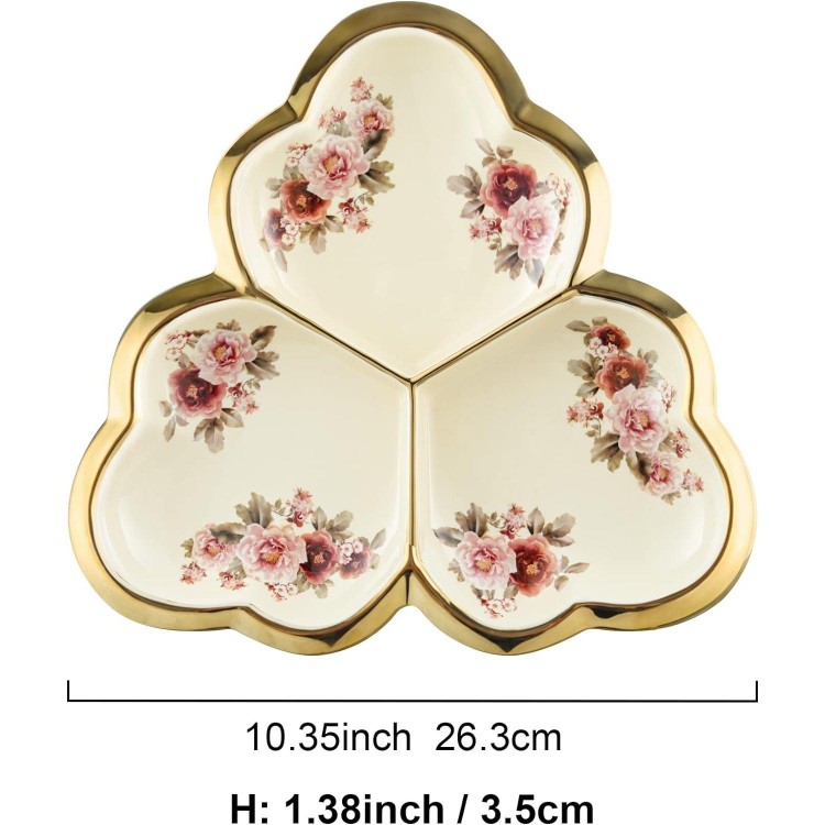  Gold Porcelain Appetizer Serving Tray, Floral Ceramic Divided Serving Plate for Fruit