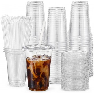 with Lids and Straws, Disposable Cups for Iced Coffee, Smoothie, Milkshake