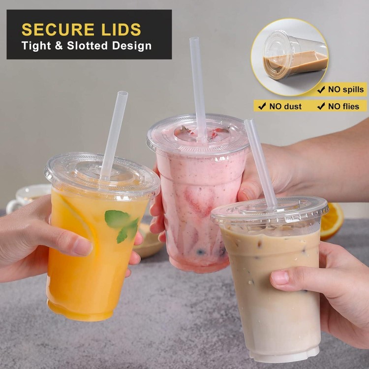 with Lids and Straws, Disposable Cups for Iced Coffee, Smoothie, Milkshake