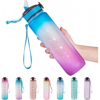 EYQ 32 oz Water Bottle with Time Marker, Carry Strap, Leak-Proof Tritan BPA-Free