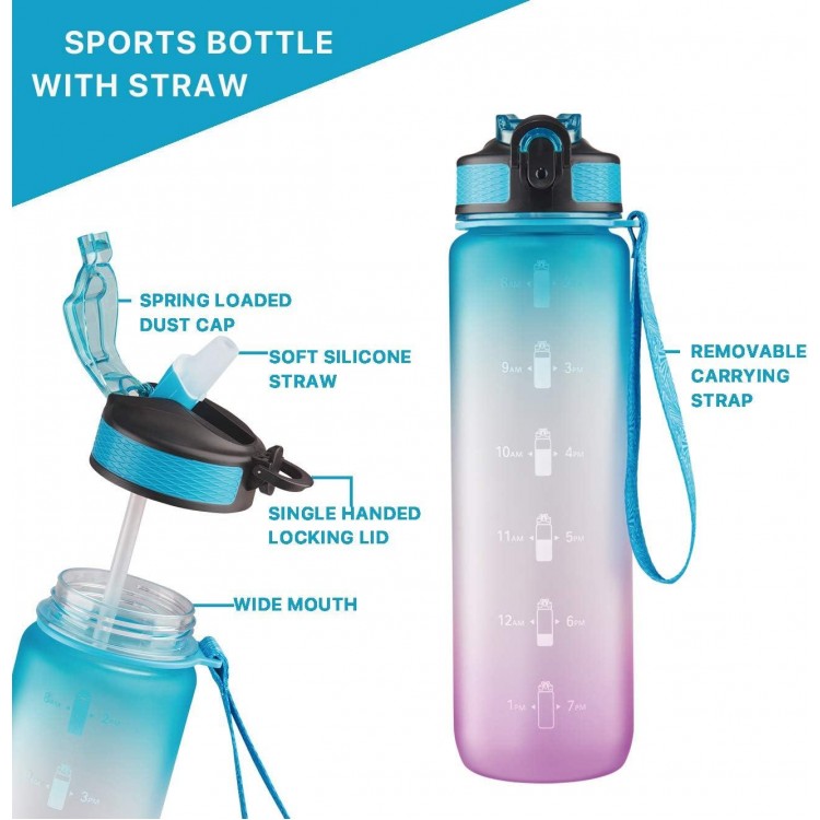 EYQ 32 oz Water Bottle with Time Marker, Carry Strap, Leak-Proof Tritan BPA-Free