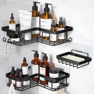 YASONIC Corner Adhesive Shower Caddy, with Soap Holder and 12 Hooks