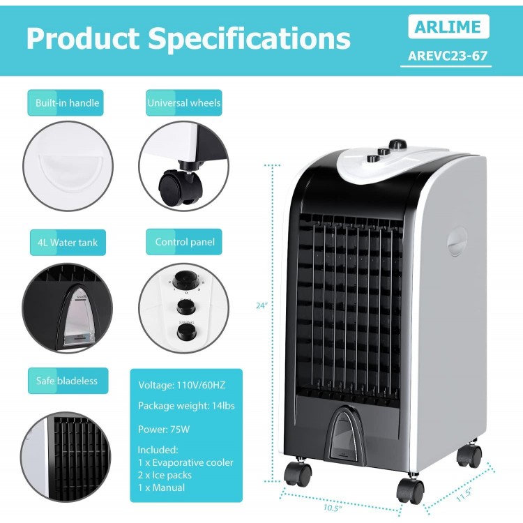 ARLIME Evaporative Air Cooler,Windowless Swamp Cooler Fan & Humidifier