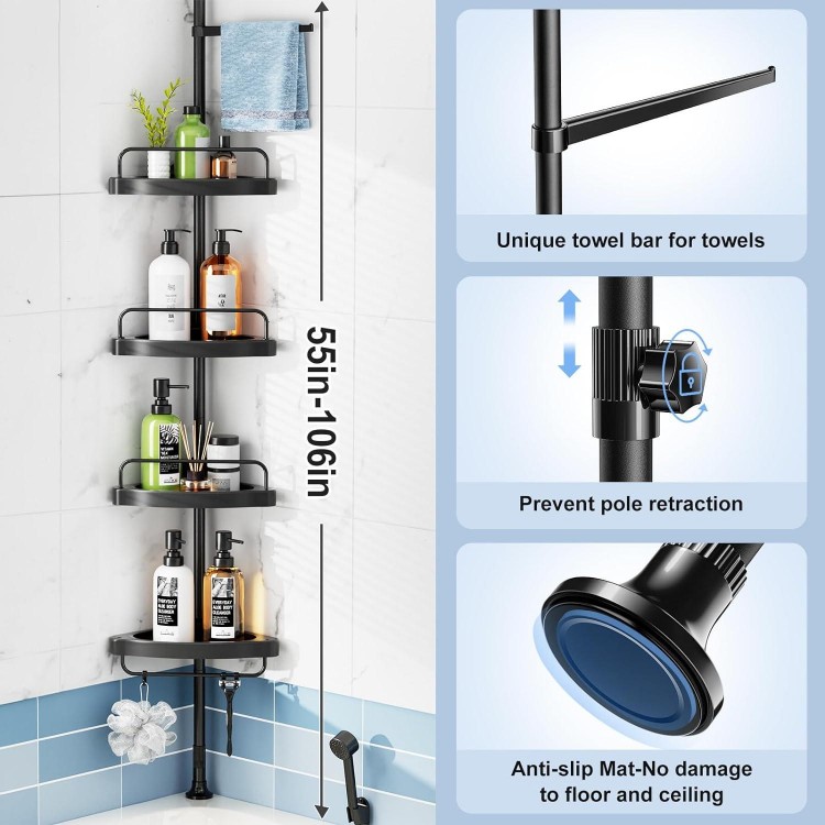 Corner Shower Caddy Tension Pole: Rust Proof Shampoo Storage Organizer