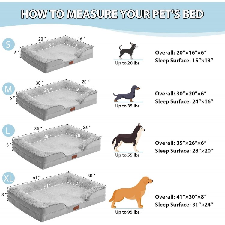 3-Sided Memory Foam Dog Bed For Extra Large Dogs, Pet Couch Bed