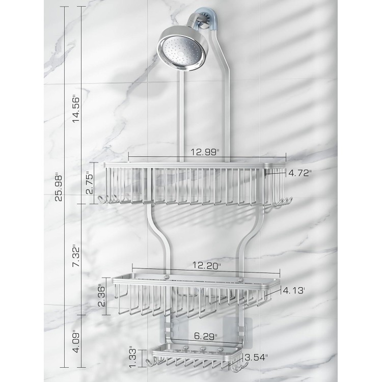 Hanging Shower Caddy Over Shower Head With 10 Hooks For Razor/Sponge