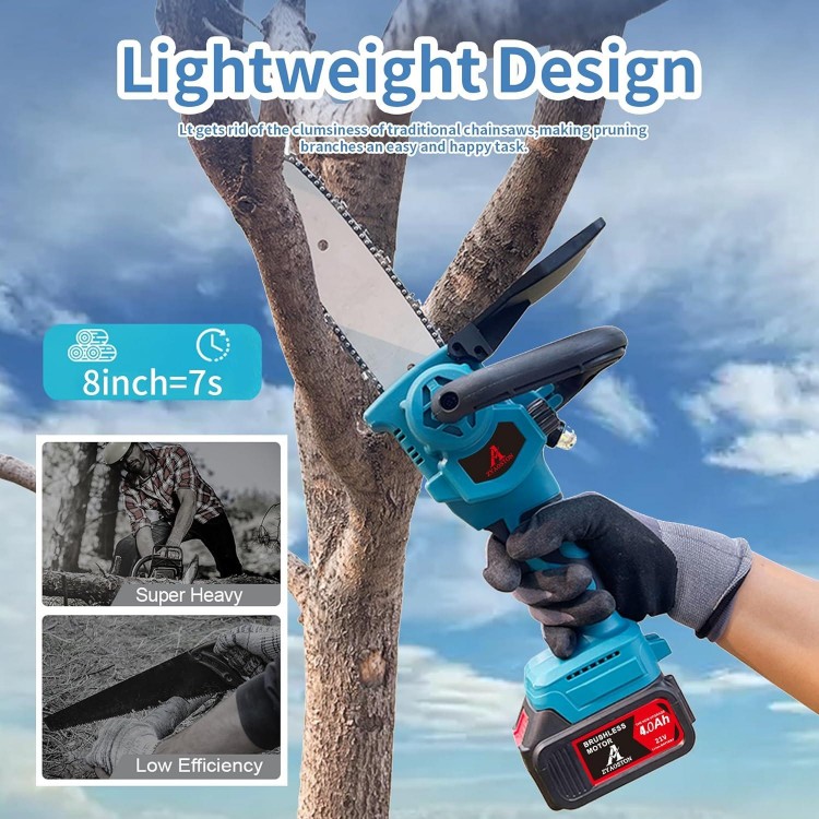 8 Inch Cordless Electric Chain Saw, 800W brushless motor,With 2 Batteries