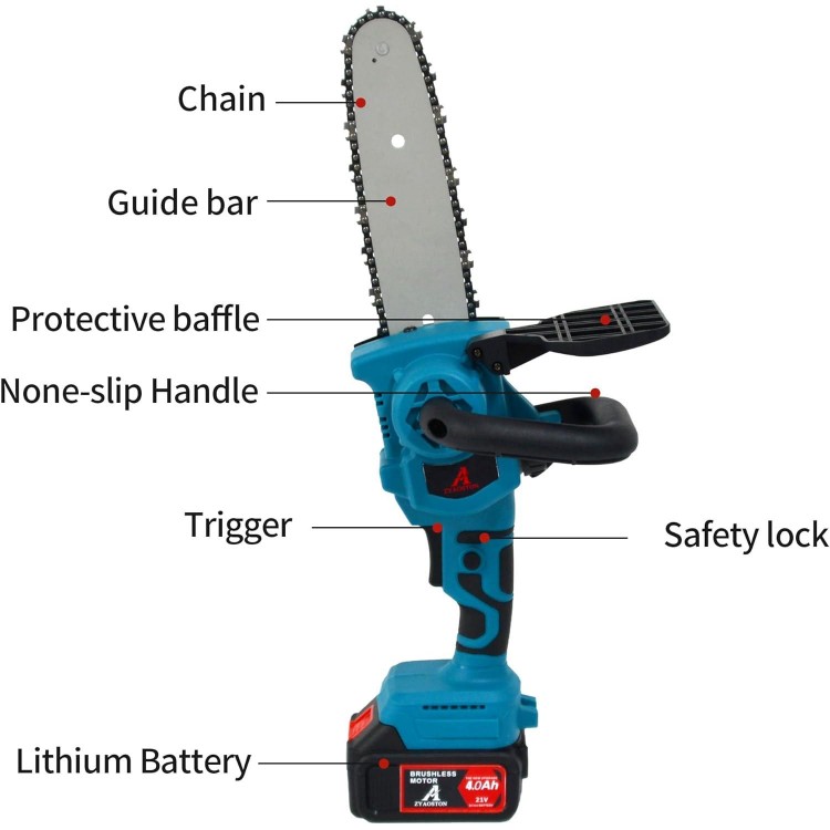 8 Inch Cordless Electric Chain Saw, 800W brushless motor,With 2 Batteries