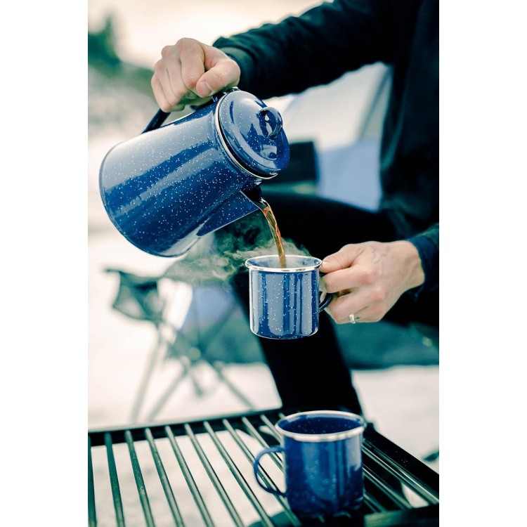Enamel Percolator Coffee Pot & 4 Mug Set,Blue