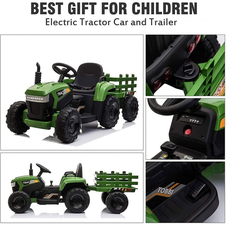 12v Battery-Powered Toy Tractor with Trailer and 35W Dual Motors