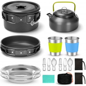 15pcs Camping Cookware Mess Kit, Non-Stick Lightweight Pot Pan Kettle Set