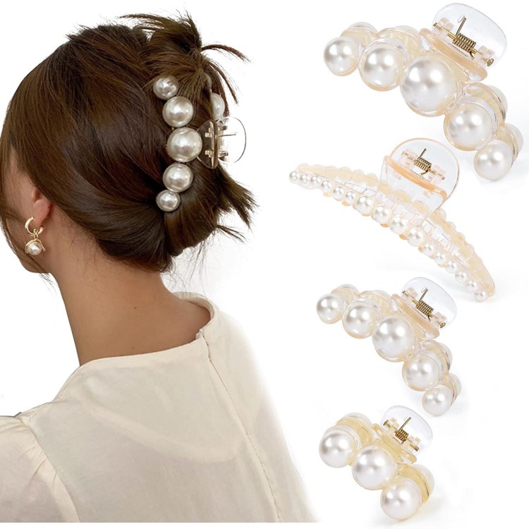 4 PCS Large Pearl Hair Claw Clips,Hair Barrette Clamps for Thick Hair