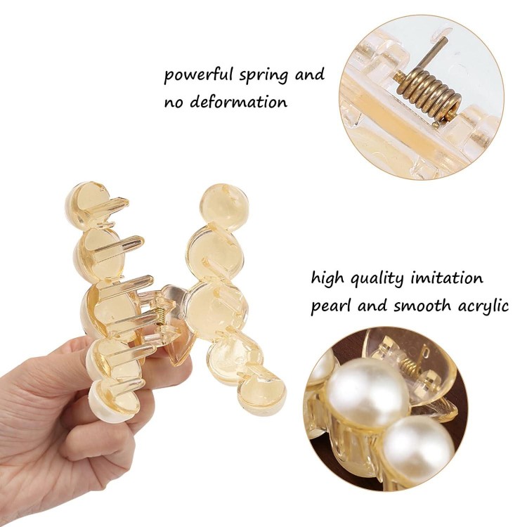 4 PCS Large Pearl Hair Claw Clips,Hair Barrette Clamps for Thick Hair