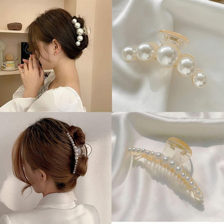 4 PCS Large Pearl Hair Claw Clips,Hair Barrette Clamps for Thick Hair