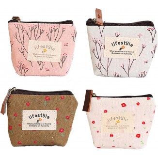 Small Coin Purse,4 Pack of Different Cute Flower Patterns Canvas Coin Purse