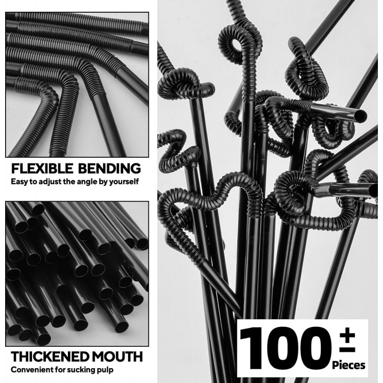 100PCS Black Flexible Plastic Straws