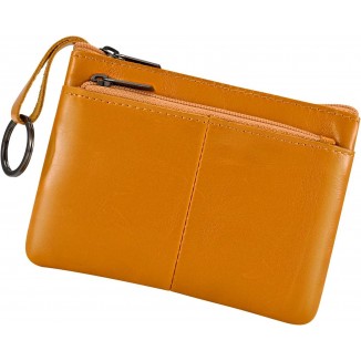 Genuine Leather Coin Purse Pouch Triple Zipper Card Holder Wallet with Key Ring