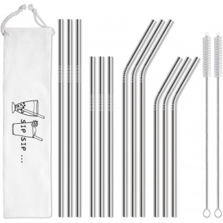 12-Pack Reusable Stainless Steel Metal Straws with Case