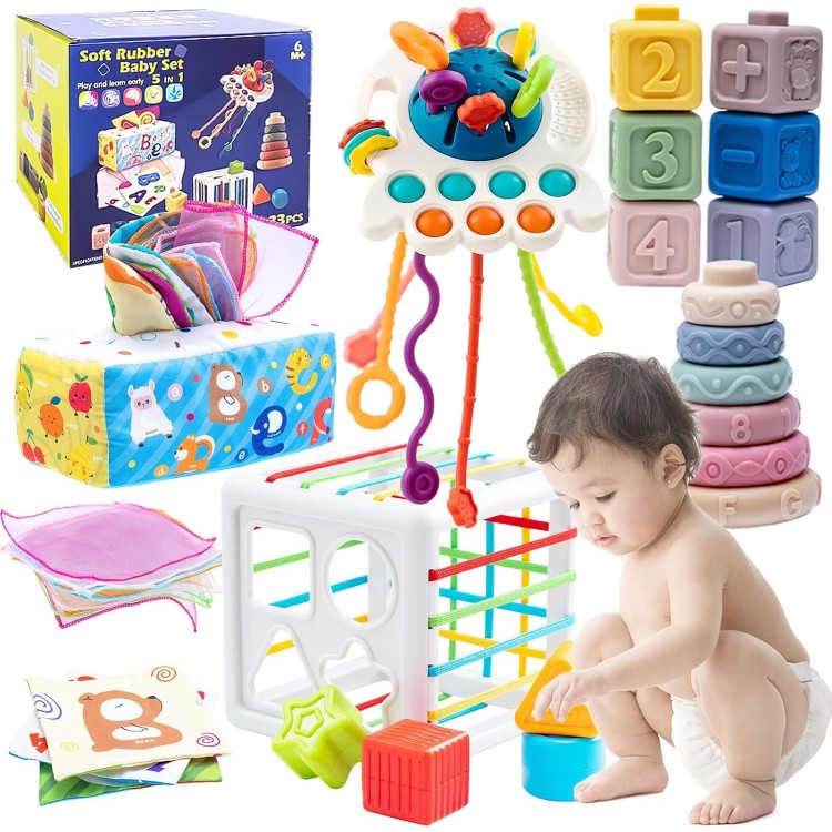 5 in 1 Montessori Toys for Babies 6-12 Months, Baby Toys Including Pull Rope Toys