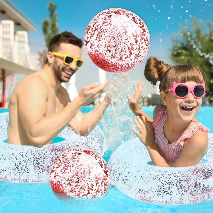 6Pcs Inflatable Pool Float Tube with Glitter Beach Ball Hot Pink Transparent Swimming Ring Toys