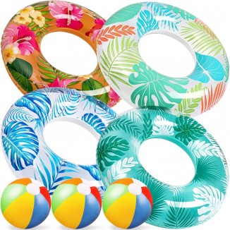 90shine 7PCS Luau Pool Floats: Hawaiian Swimming Rings with 13.5 Beach Balls 