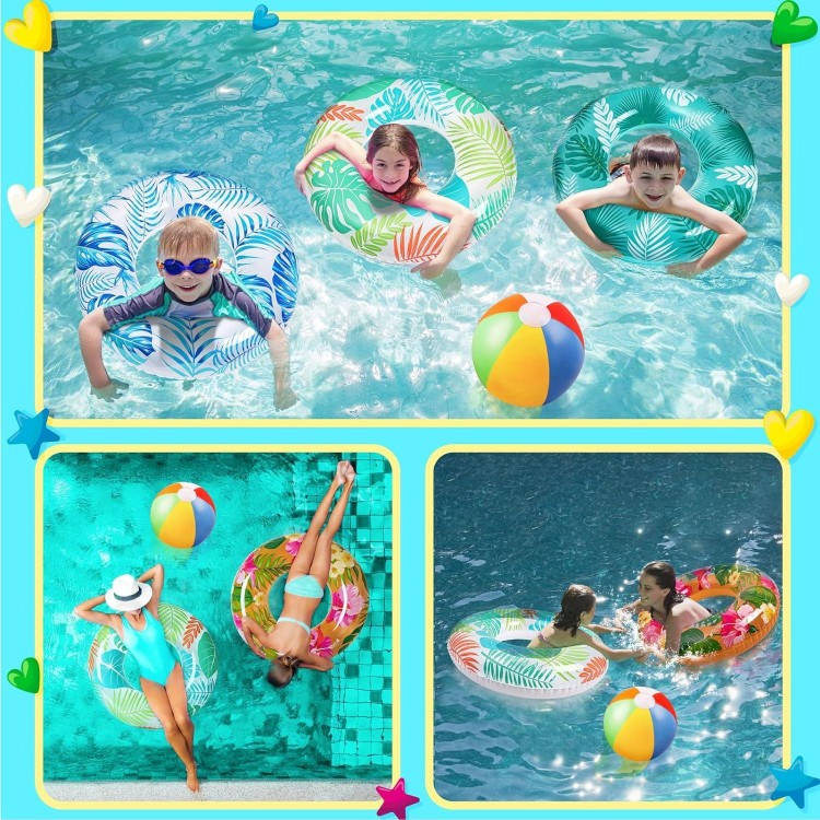 90shine 7PCS Luau Pool Floats: Hawaiian Swimming Rings with 13.5 Beach Balls 