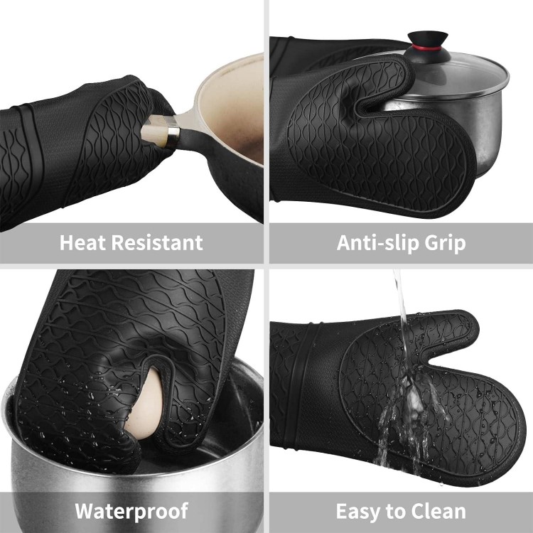 Oven Mitts Heat Resistant - 2PCS Black Silicone Oven Mitts