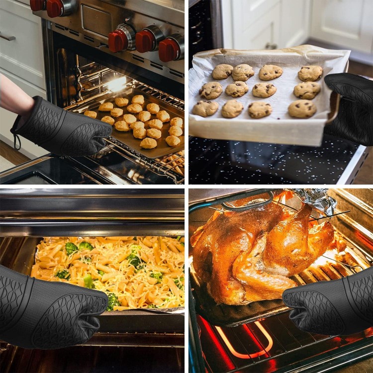 Oven Mitts Heat Resistant - 2PCS Black Silicone Oven Mitts