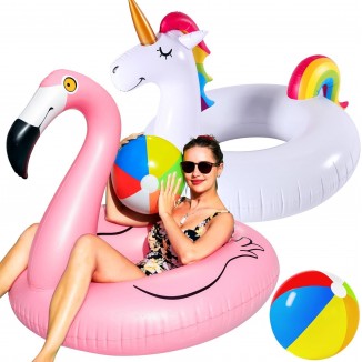 2 Pack 42'' Inflatable Pool Floats Flamingo Unicorn Swim Tube Rings
