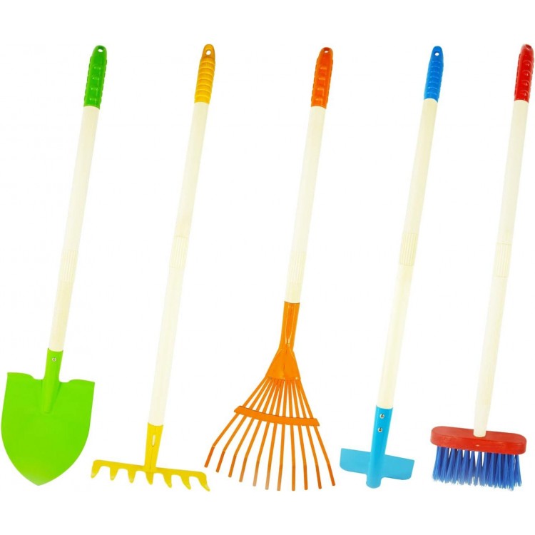 Kids Shovel, Rake for Leaves, Spade, Hoe and Broom, 5Pcs