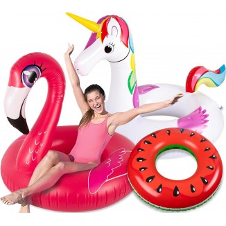 3PCS Pool Floats Adult Set - Unicorn + Flamingo + Watermelon Inflatable Beach Floaties Swimming Ring Toys